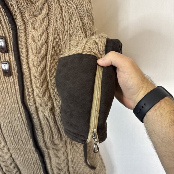 Urku Ecuador Wool Cotton Knit Jacket Fleece Lined Faux Fur Hood Women’s M - Picture 2 of 9